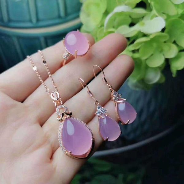 

classic 925 colored silver high-end inlaid chalcedony agate water drop white pink green suit pendant