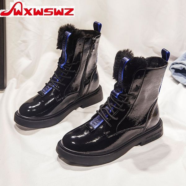 

wxwswz winter boots women's autumn and winter plus velvet shoes british wind short boots warm lacquer cotton shoes snow, Black