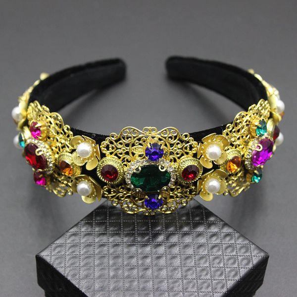 

new baroque palace hair hoop fashion wild catwalk pearl colorful gem hair hoop bridal hair accessories 751, Golden;white