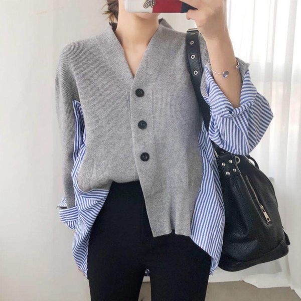 

korean cardigan women single breasted striped shirt patchwork sweater coat loose autumn off shoulder sweater women cardigan, White