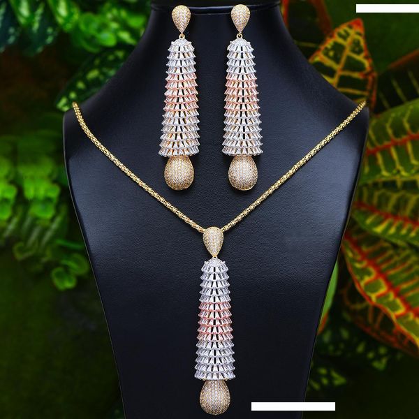 

larrauri bohemia korea bridal wedding pendant necklaces earrings full clear charm cubic zirconia women jewelry sets, Silver