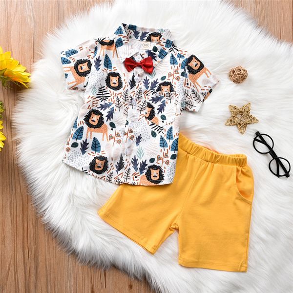 

toddler baby boy clothing set cartoon print gentleman short sleeve shirt shorts pants 2pcs outfits newborn boy clothes set, White