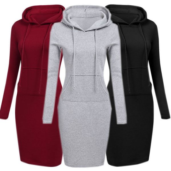 

trendy women dress casual hooded long sleeve bandage solid pocket bodycon dresses one pieces, Black;gray