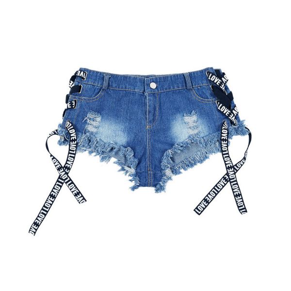 

women jeans shorts summer fashion low-waist denim knotted band mini short beach casual shorts club party dress, Blue