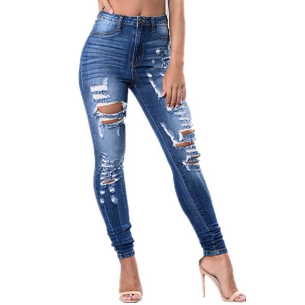 

slim stretch button ripped jeans for women mid waist stretch pencil jeans woman's pants ropa mujer vaqueros mujer, Blue