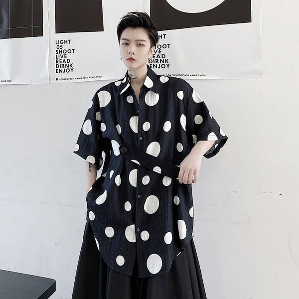 

summer fashion trends 2020 men dot printing cotton-linen shirt short sleeve button casual streetwear dress shirt blouse cardigan, White;black