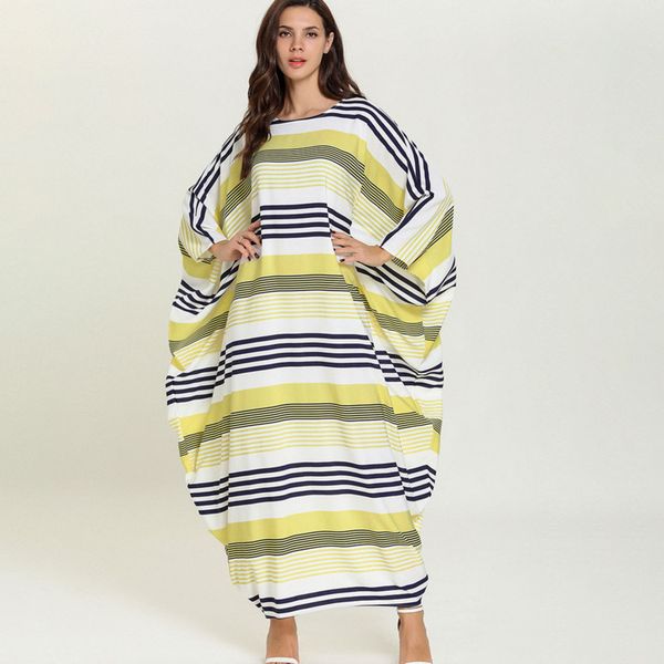 

ewq] 2020 весна лето новые поступления o-образным вырезом batwing рукав полосатый узор женщины случайные свободные длиной до пола платье aw, Black;gray