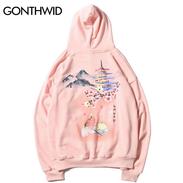 

japanese style flowers mountain print pullover hooded sweatshirts harajuku casual pullover swag hoodies streetwear, Black
