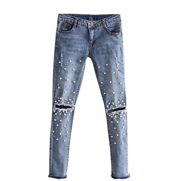 

knee hole torn jeans women stretch denim pencil casual slim fit rivet pearl jeans summer long pants low waist cowboy rk, Blue