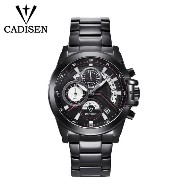 

cadisen men's hand quartz watch chronograph waterproof sport wrist watch with leather strap, Slivery;brown