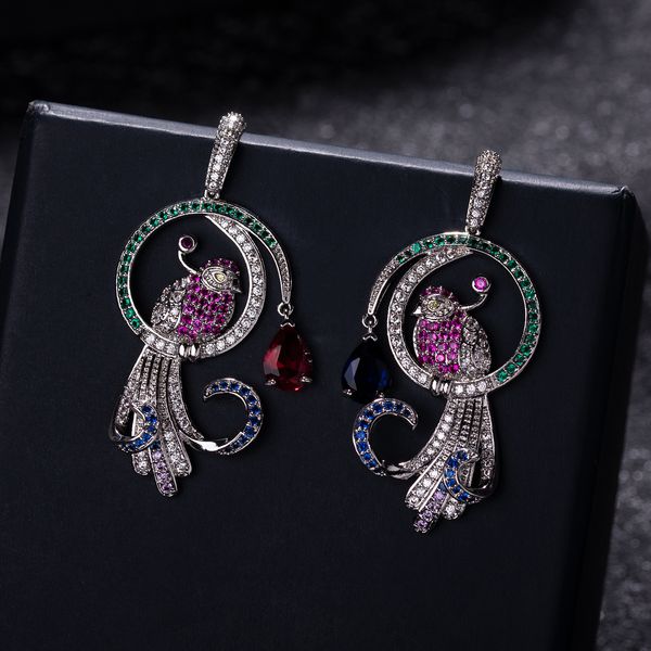 

light luxury earrings european and american exaggerated zircon earrings color birds animal earrings drop element 925 silver needle, Golden;silver