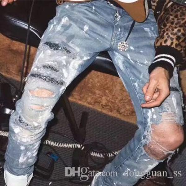 

500pcs new style men's destroyed pants white ripped patches black skinny biker jeans slim dongguan_ss in stock, Blue