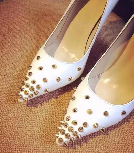 

spring new fashion golden rivets women shallow high heels pointy toe ladies 12cm pumps slip on female party stiletto, Black
