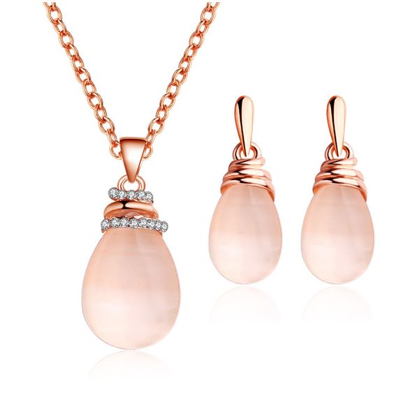 

jewelry sets earring necklace wate-drop round pink stone pendant pasted knot earring gold color plated metal chain, Silver