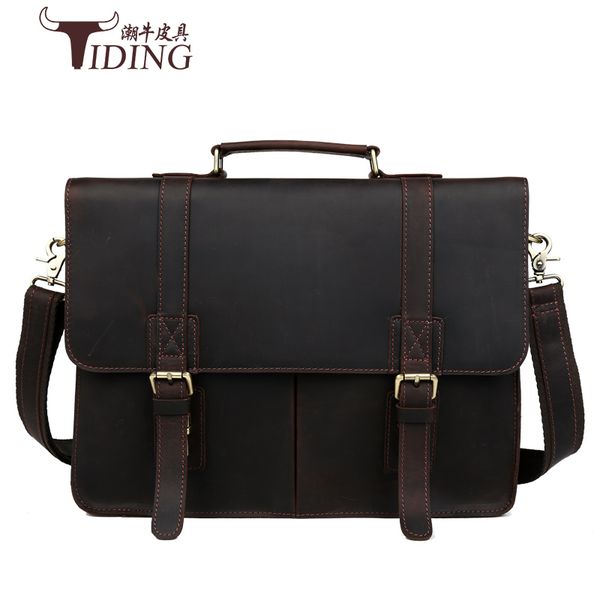 

mens cow leather briefcases business 15" laphand totes casual bags vintage shoulder crossbody hand travel bag male