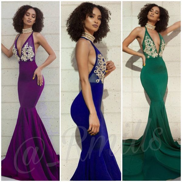 

2019 Sexy Plunging V Neck Halter Mermaid Prom Dresses Sleeveless Backless Lace Appliqued Sweep Train Formal Evening Gowns