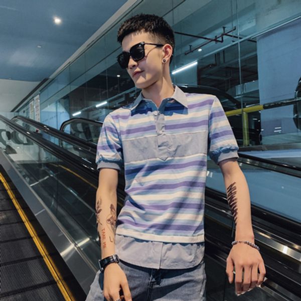 

2020 new summer net red tide brand half-sleeved lapel striped shirt trend wild short-sleeved shirt men's clothes, White;black