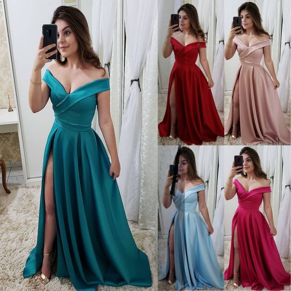 

2019 hunter off the shoulder a line satin prom dresses split side arabic plus size formal evening gowns with ruched ruffles