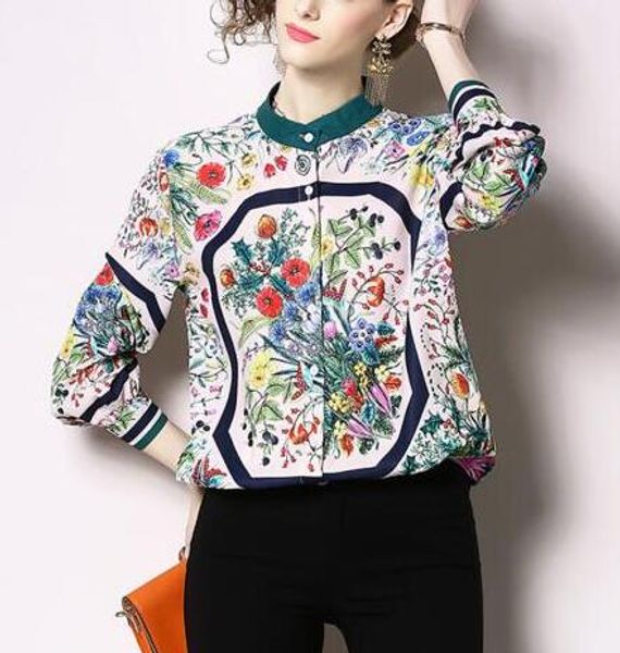 

women fashion new long-sleeved loose retro print bottoming shirt blouse, White