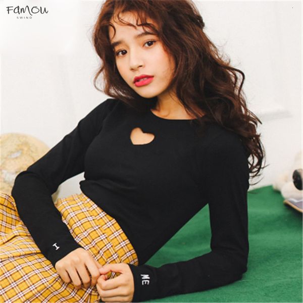 

New Summer Tops Hollow Out Lovely Sexy Ulzzang Harajuku Women O Neck T-Shirts Casual Slim Long-Sleeve Letters Ts031