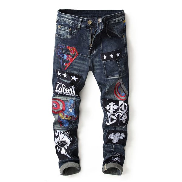 

european american style men's jeans slim denim trousers straight patchwork mens black zipper jeans pants for men, Blue