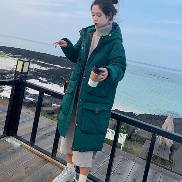 

women parkas feminine coat clothing warm jacket korean style winter long outerwear fashion sobretudo hat big pocket, Black