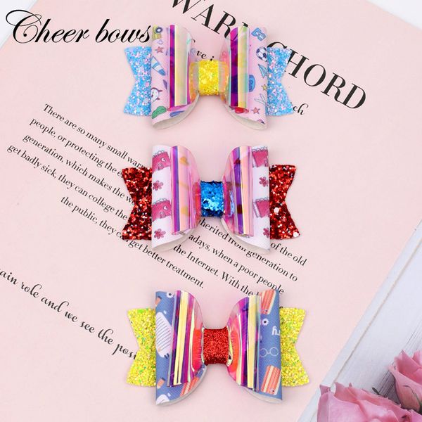 

3 шт / много 3" блеск back to school бигуди для девочек детские кожаные зажимы printed волос шпильки студенты аксессуары, Slivery;white