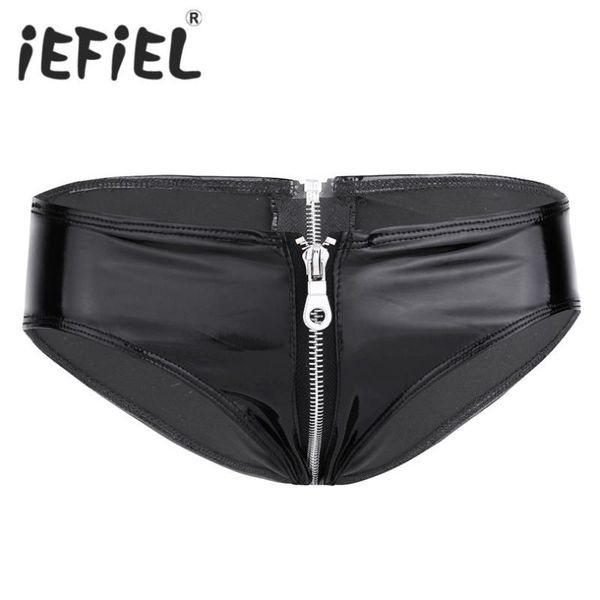 

women lingerie shiny patent leather zipper crotch low rise bikini briefs underwear underpants clubwear nightwear clothes, Black;pink