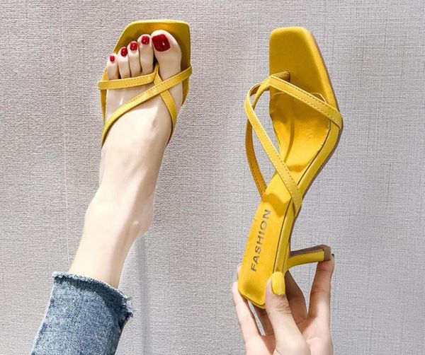 

2020 summer women slipper sandlias high heels slides female peep toe fine with sandal vacation flip flops mujer shoes, Black