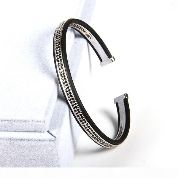 

1pcs high grade jewelry open cuff sivler bangles men women double raw black cz beads bracelets,bangle cuff bracelets for men