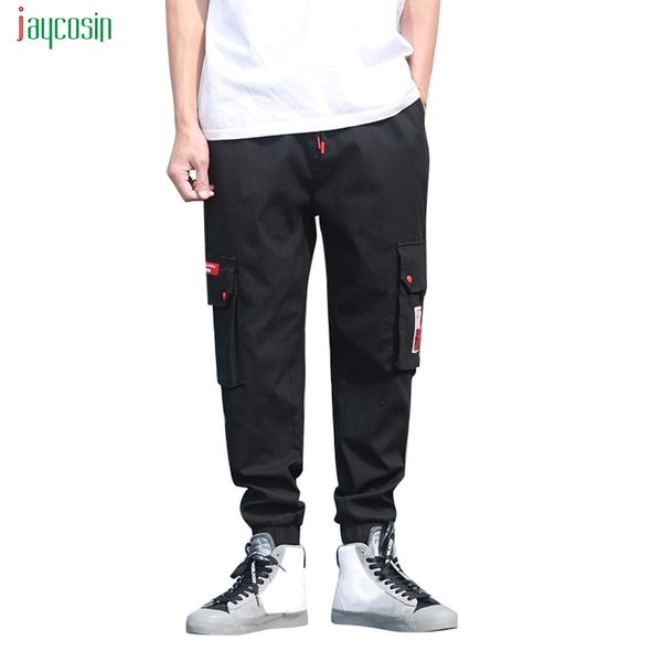

jaycosin men casual cargo pants with pockets fashion streetwear overalls straight trousers male fashion summer new regular pants, Black