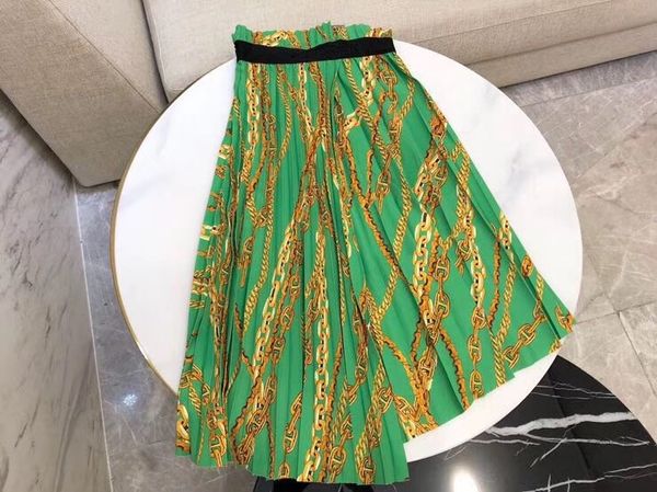 

2019 chain printed pleated skirt mid calf dress, Black