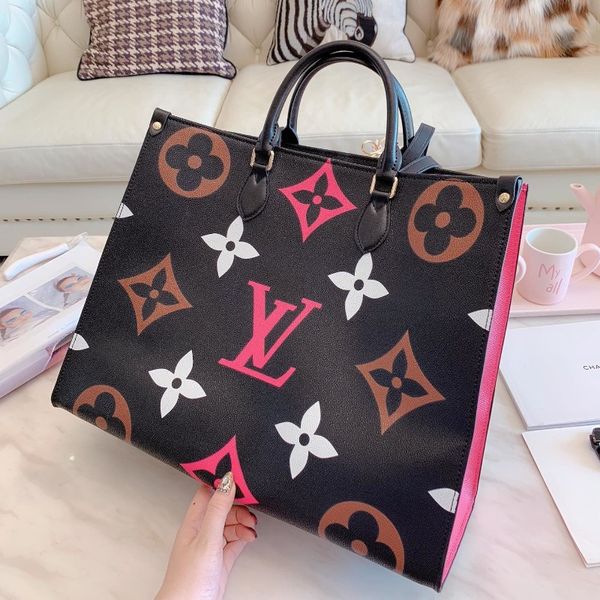 

2019 new women's letter print design leather luxury handbag 41cm ladies shoulder bag crossbody bag female totes bag, Black