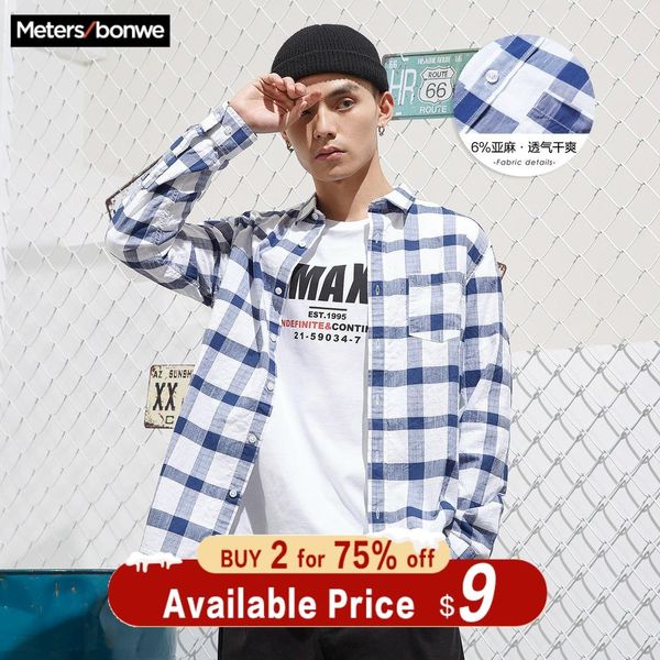 

metersbonwe 2019 new men long sleeve cotton shirt spring autumn retro plaid shirt leisure loose men, White;black