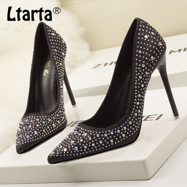 

ltarta 2020 rhinestone wedding shoes sweet and elegant high-heeled shoes shallow mouth thin pointed diamonds women's zwm, Black