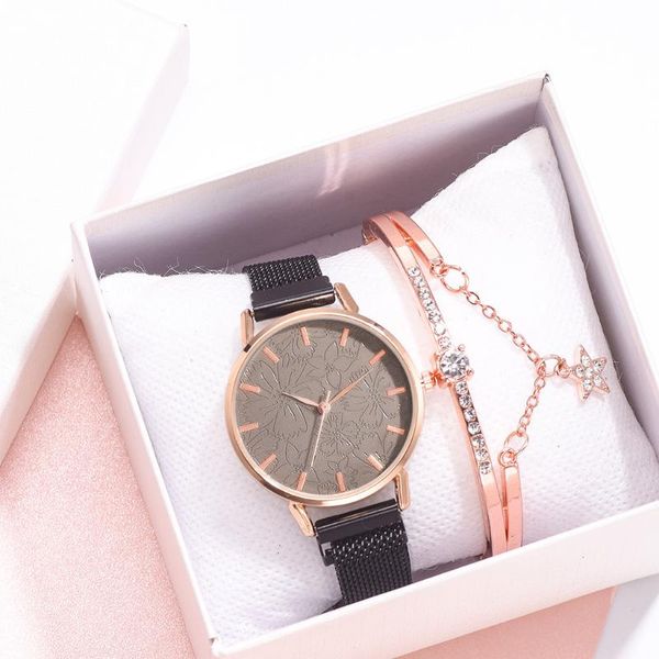 

fashion women watches rose gold bracelet set flower dial ladies casual mesh quartz wristwatch clock gift suit #w, Slivery;brown