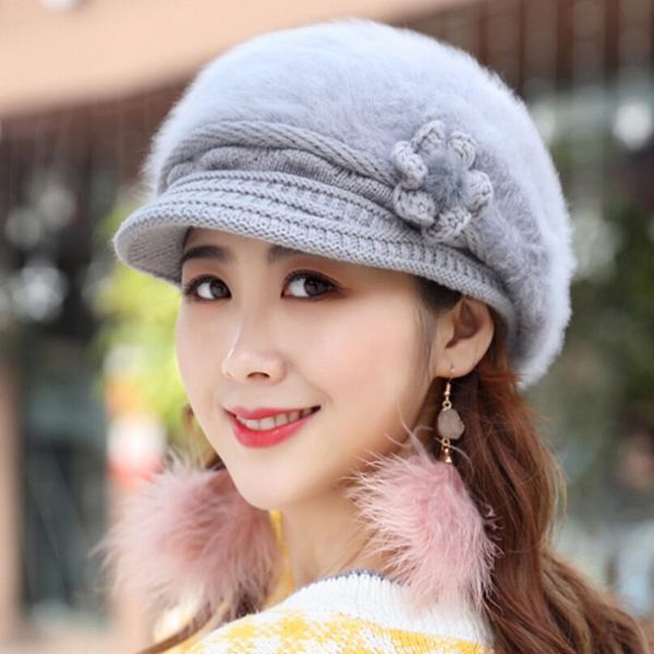 

berets lady hair hat winter peaked cap knitting warm beret cony keep, Blue;gray