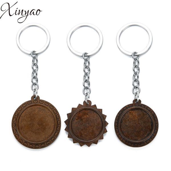 

xinyao 1pc 25/30mm wood wooden key ring keychain round heart butterfly flower wood accessories gifts jewelry, Silver
