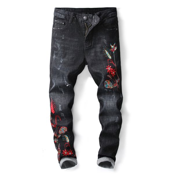 

mens designer made old nine-point jeans embroidered slim small straight black embroidery pants men, Blue