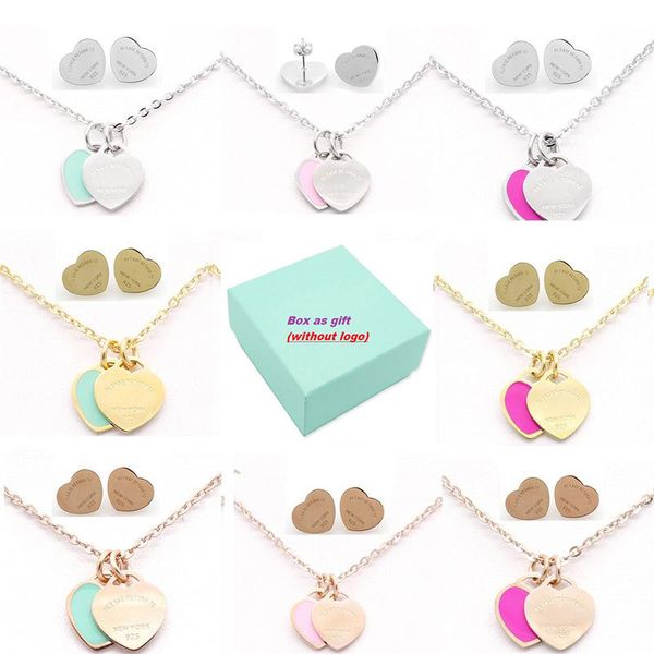 

t brand stamp stainless steel earrings necklace jewelry set love heart english letters necklace for women lady with logo, Silver