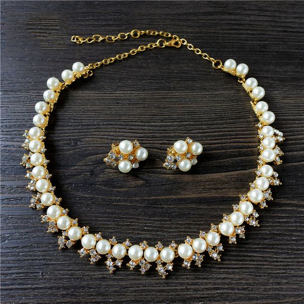 Romantic Gold Pearls Bridal Jewelry Sets Necklace Earrings Bridal