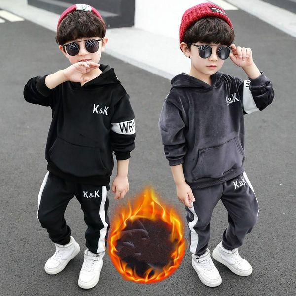 

children's clothing boy coat trousers autumn and winter shirt plus velvet hooded sweater + thick pants double-faced velvet jacket two-p, White