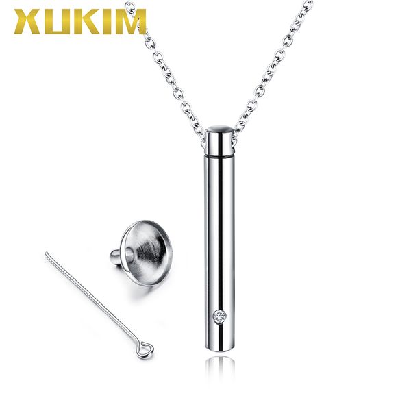 

wpo407-6 xukim jewelry perfume necklace fragrant necklace charms cylinder pet bone ash box pendant necklace, Silver