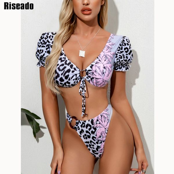 

riseado short sleeve bikinis set leopard swimsuit knotted swimwear women high waist bathing suit biquini 2020 summer beach wear