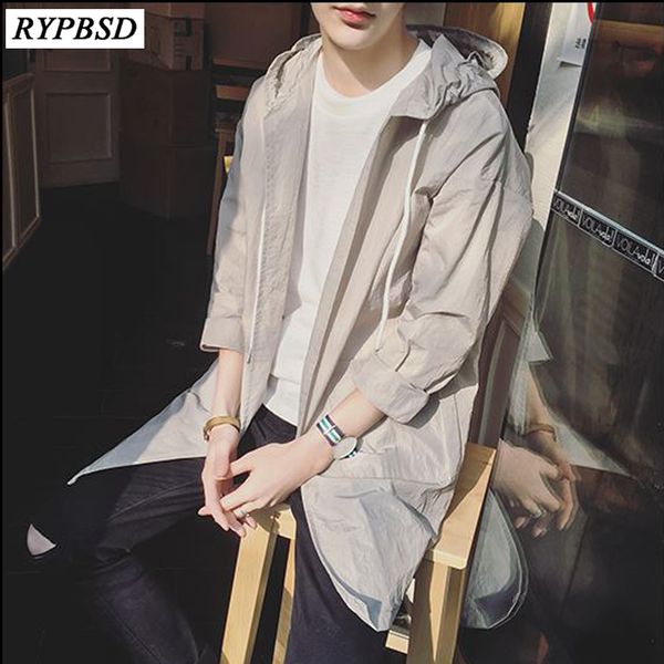 

summer korean fashion mens long hooded trench coat quick dry skin sunscreen mens windbreaker jackets thin outwear hooded trench, Tan;black