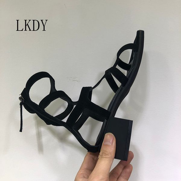 

2019 summer genuine leather stitching suede suede retro square head zip high heel roman ankle boots ladies sandals, Black