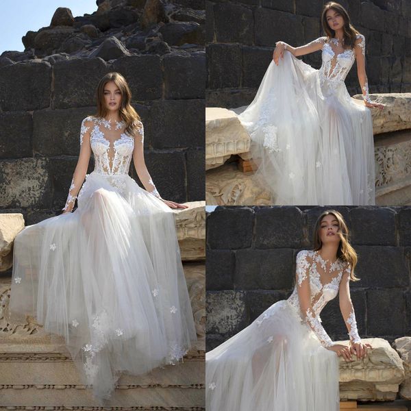 

2020 berta beach wedding dresses a line sweep train lace appliqued sweetheart boho wedding dress custom long sleeve garden robes de mariÃ©e, White