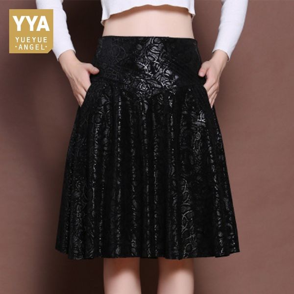 

plus size 5xl high waist female sheepskin leather skirts streetwear slim print a-line knee-length jupe elegant comfort faldas, Black