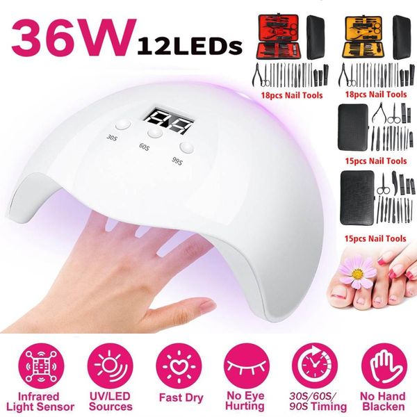 

36w nail dryer led uv usb nail ptherapy machine for all gel polish drying curings + 15/18pcs tools hot