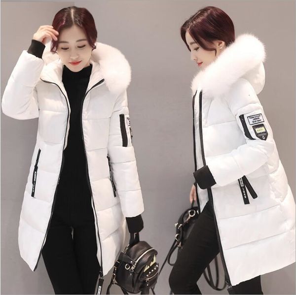 

2018 women hooded warm wadded coat winter jackets big fur collar slim mid-long fashion thick down cotton parka female plus size y190926, Black;white